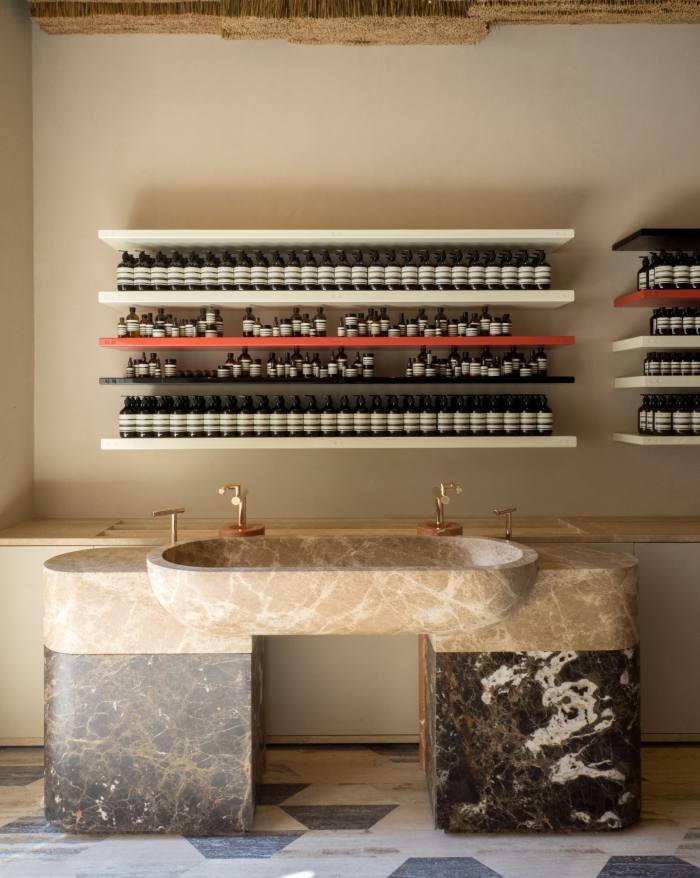 The studio employed marble and roughened stone in the Aesop store in Rome