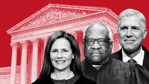 Montage of images of justices Amy Coney Barrett, Clarence Thomas and Neil Gorsuch against a background of the Supreme Court