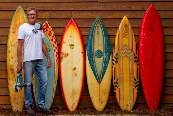 Board maker and restorer Wayne Winchester outside his shed on the south coast of Western Australia