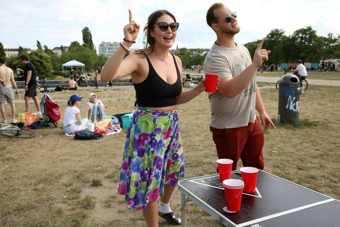 People playing beer pong in Berlin where the  majority of coronavirus restrictions have been lifted