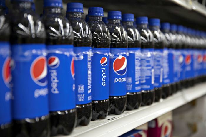 Plastic bottles of Pepsi on a supermarket shelf in the US