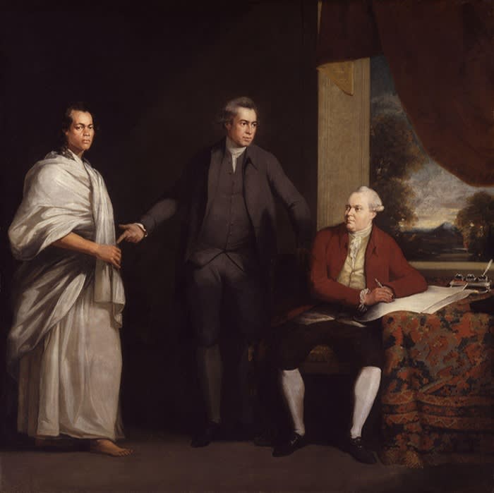 A painting shows Mai (Omai) in white robes, standing next to Sir Joseph Banks and Daniel Solander