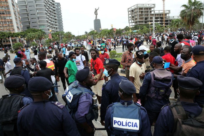 Police control pro-democracy protesters in Luanda. Some political analysts speculate that the urban middle class could turn away from the ruling MPLA in next year’s general election