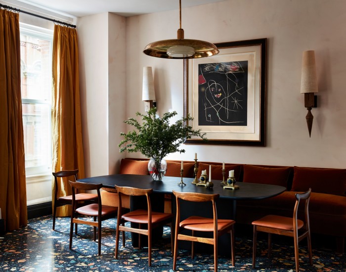 Tatyana Miron’s dining room, with B&B Italia table, chairs from Avery and Dash and RW Guild Oscar pendant