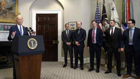 President Joe Biden with Big Tech executives in the White House. The US is committed to working intensively with other governments to build a shared understanding of longer-term AI risks and how to limit them