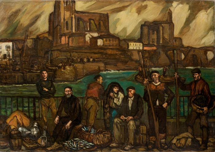 Oil painting in dark brown shades of unhappy men waiting by a quay