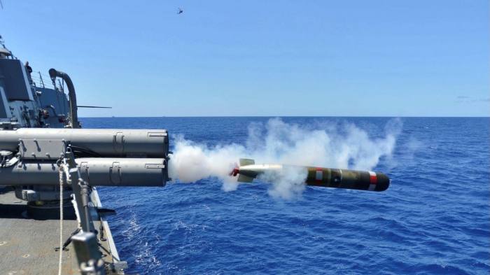 An MK-54 exercise torpedo is launched from a US destroyer