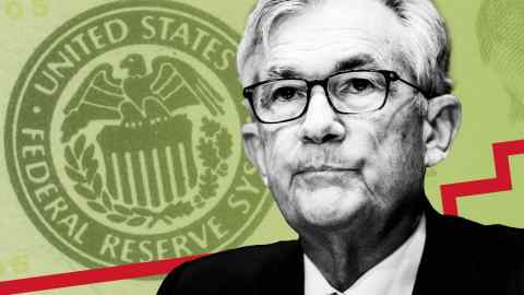 Montage of Fed chair Jay Powell and Federal Reserve logo