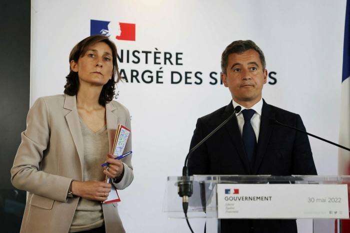 French sports minister Amélie Oudéa-Castéra, left, and interior minister Gérald Darmanin at the  French sports ministry in Paris, France, on May 30 2022