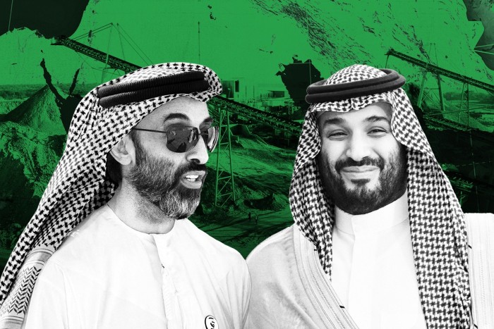 A montage of Sheikh Tahnoon bin Zayed al-Nahyan, left, and Crown Prince Mohammed bin Salman