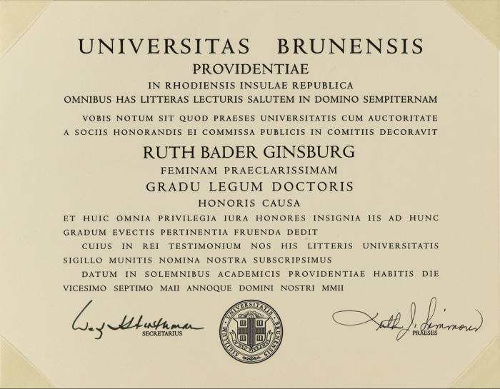 Ginsburg's graduation certificate is one of the possessions of the late Supreme Court judge to bid