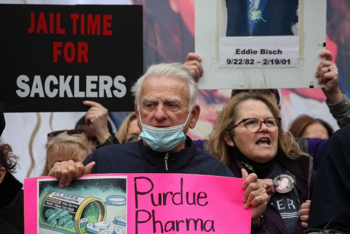 A Washington protest in 2021 blamed Purdue Pharma and the Sackler family for the opioid crisis in the US
