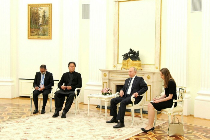 Pakistan’s Prime Minister Imran Khan (left) and Russian President Vladimir Putin met at the Kremlin Palace in Moscow 