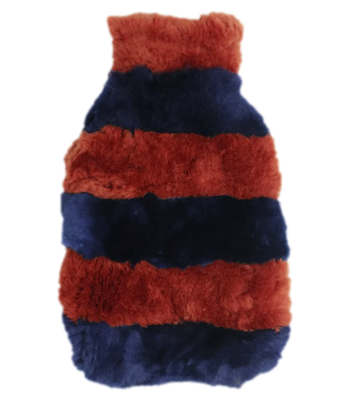 A blue and red furry hot water bottle cover