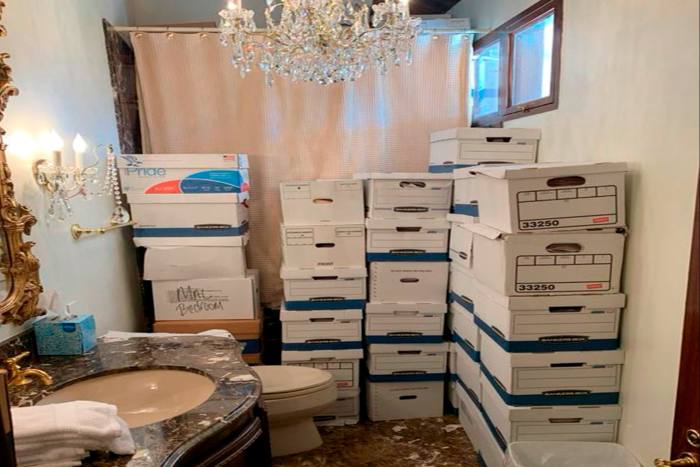 Boxes stored in a bathroom and shower at Mar-a-Lago, in an image contained in the indictment against Donald Trump