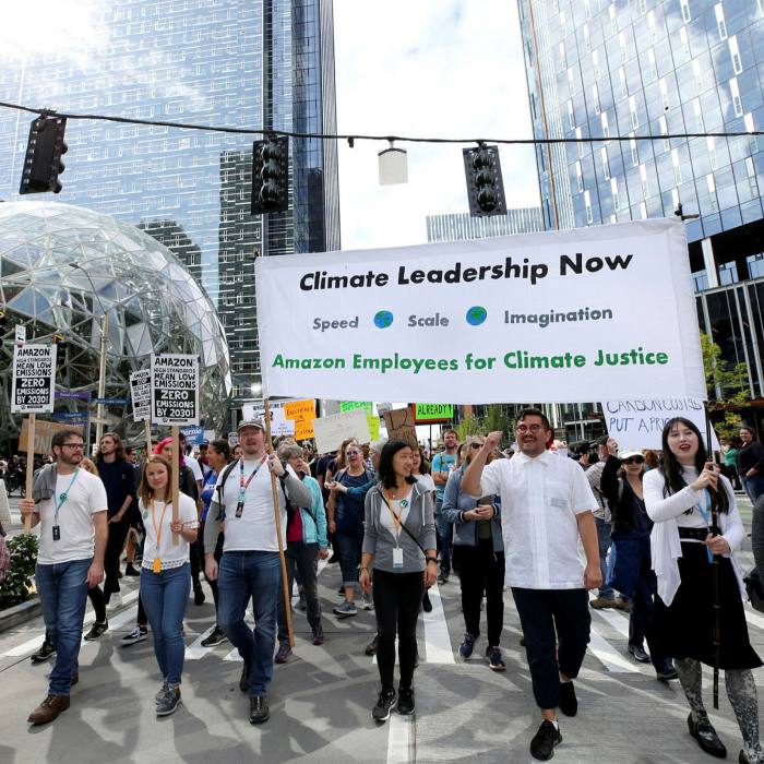 Hundreds of workers from Google, Amazon and Microsoft stage a climate walkout in Seattle in September 2019