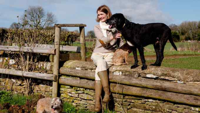 Plum Sykes with her dogs, from left, Raindrop, Twiglet and Mason