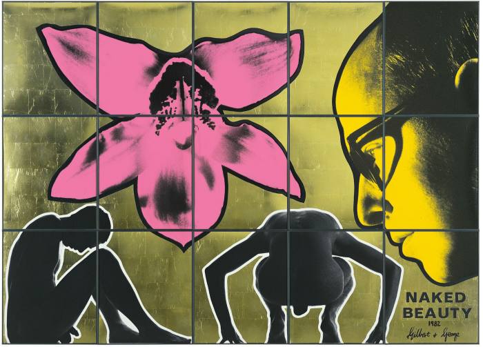 A man with a yellow face looks at the silhouettes of two naked men on a golden background.  There is also a large pink orchid