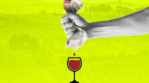 illustration of a hand squeezing pound notes, with a red drop falling into an almost-filled wineglass
