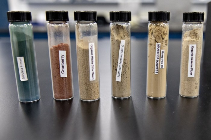 Powdered protein samples at an ADM facility in Decatur, Illinois