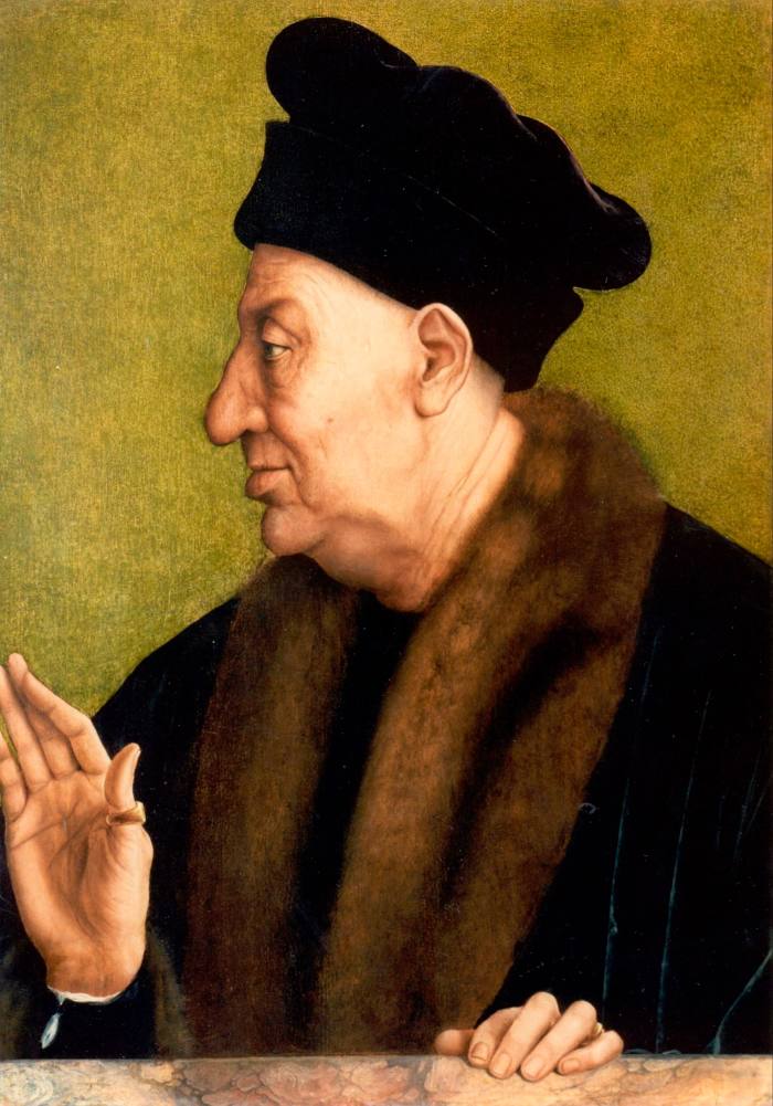Painting of a man in a black hat, with a fur around his neck
