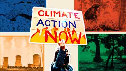 A montage image of a campaigner with a ‘climate action now’ sign, with a fossil fuel plant, ice sheets, wildfires and floods visible in the background