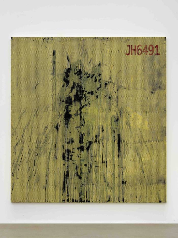 An abstract painting features splashes, streaks and drips of paint, and a set of letters and numbers, on a background of grids and dots