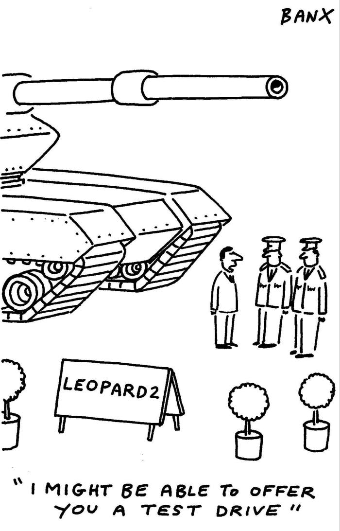 Cartoon showing a man in suit talking to two men in military dress uniform. On their left is a tank and a sign that says ‘Leopard 2’