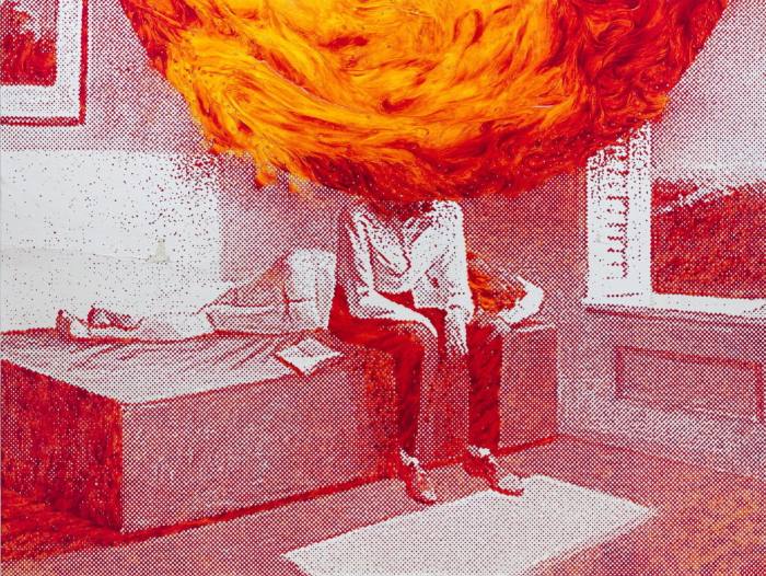 Pintura roja en puntos de estilo cómic de una persona sentada en su cama, su cabeza reemplazada por una bola de fuego