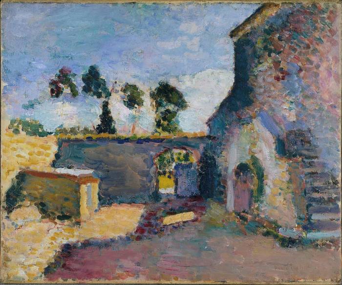 Painting of a stone building with steps up to a doorway, an arched wall beside it with a tree lined sky above