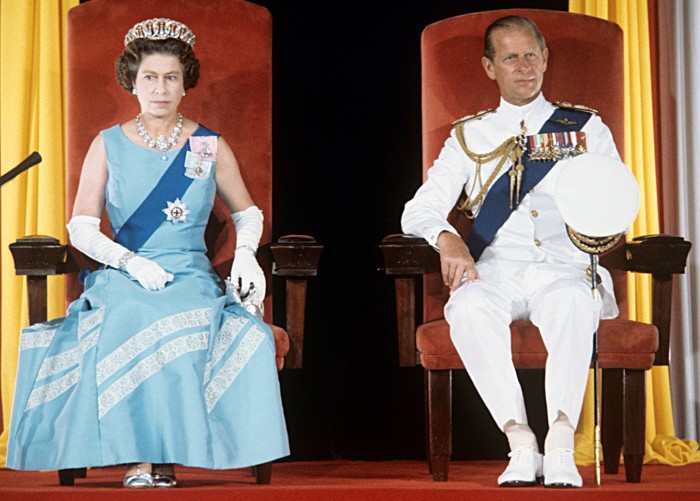 Philip with the Queen at the state opening of parliament in Bridgetown, Barbados, in 1977