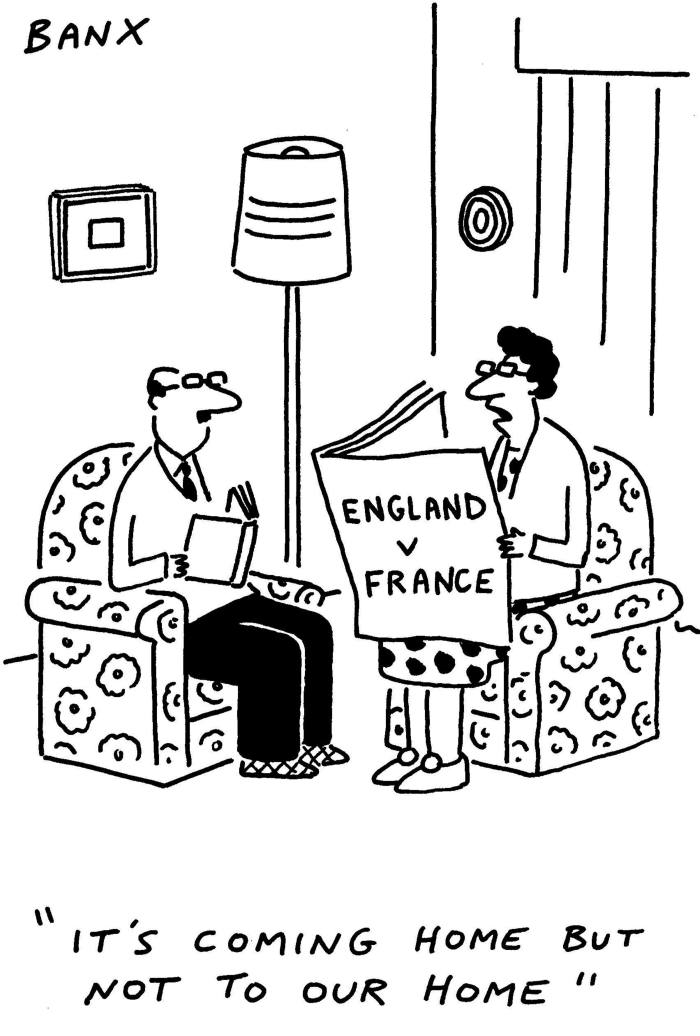 Cartoon of a woman sitting in an armchair and reading what looks like a newspaper with ‘England v France on the front page. She is talking to a man reading a book and sitting in an identical armchair
