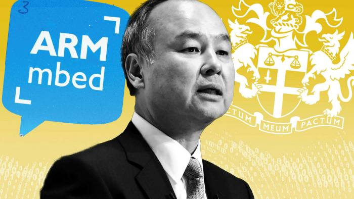 Illustration of Masayoshi Son and an Arm Holdings logo