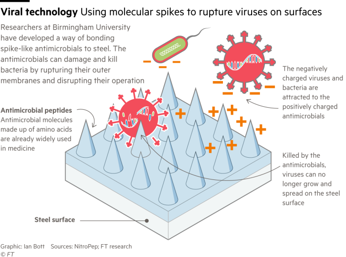Information graphic showing how antimicrobial molecules bonded to steel surfaces can help keep them free of bacteria and viruses