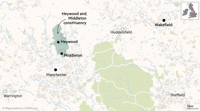 Map showing the constituency of Heywood and Middleton, Manchester and Wakefield
