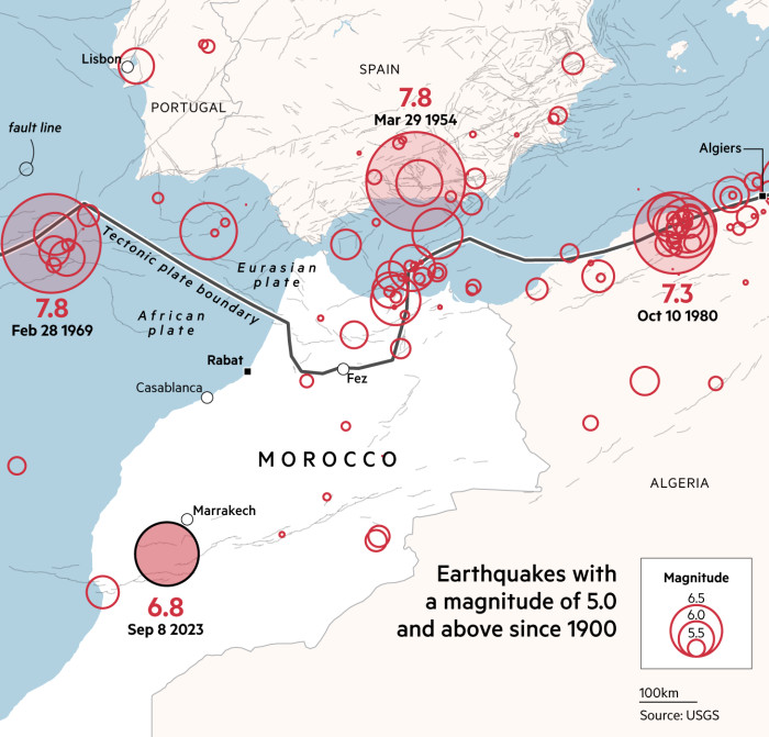 Kaarten met aardbevingen in en rond Marokko met een kracht van 5,0 en hoger sinds 1900