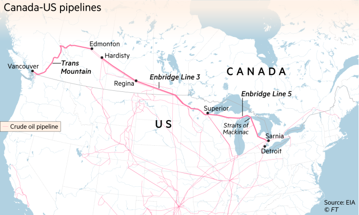 Map showing Canada-US pipeline