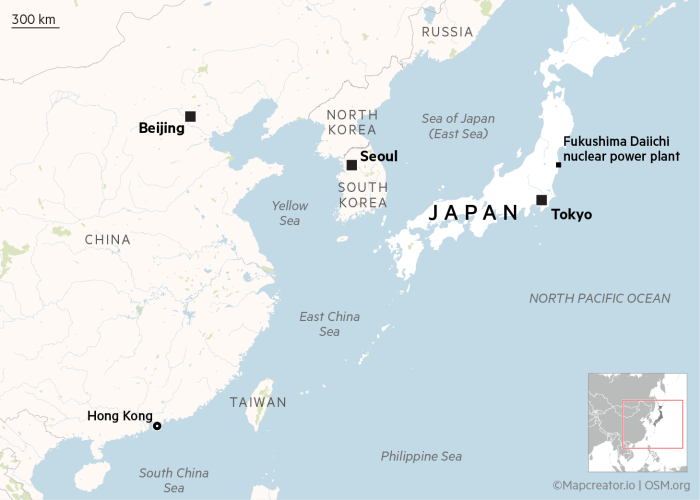 Map of the Fukushima Daiichi nuclear power plant in Japan, and Japan’s neighboring countries