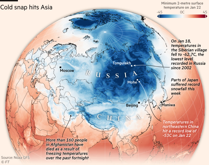 Map showing cold snap across Asia on Jan 22