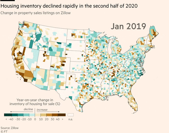Map showing declining housing inventory on the US in 2020