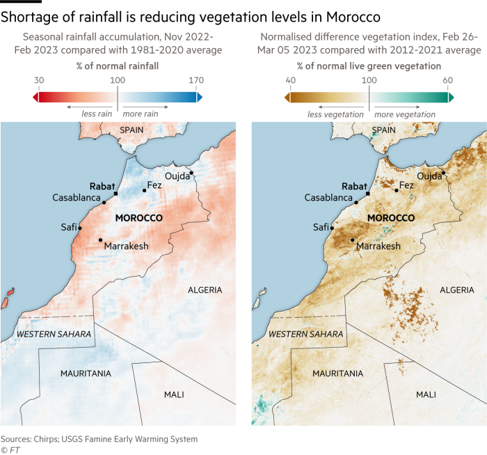 Maps showing that a shortage of rainfall is reducing vegetation levels in Morocco 