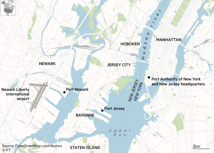 Map showing Manhattan, Port Newark and Staten Island in the US