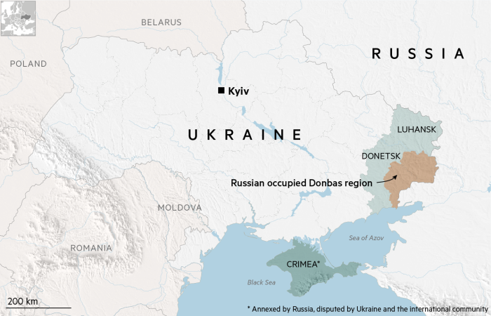 A map of Ukraine highlighting the Donbas region in the east and Crimea in the south