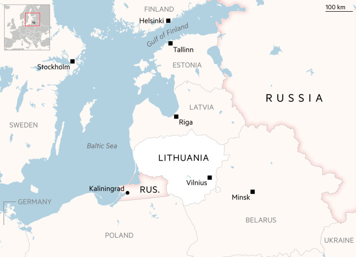 Mapa que muestra Kaliningrado, Lituania y sus vecinos