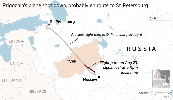 Flightpath of Prigozhin’s plane, shot down en route to St Petersburg