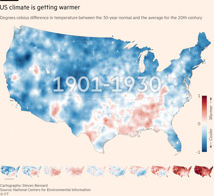 US climate is getting warmer. Map animation showing degrees celsius difference in temperature between the 30-year normal and the average for the 20th century 