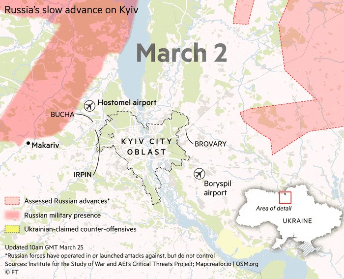 Map showing a comparison in territory gained by Russia between March 2nd and March 25th