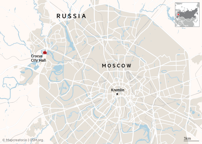 Map of Russia showing the location of Crocus City Hall in relation to Moscow and the Kremlin