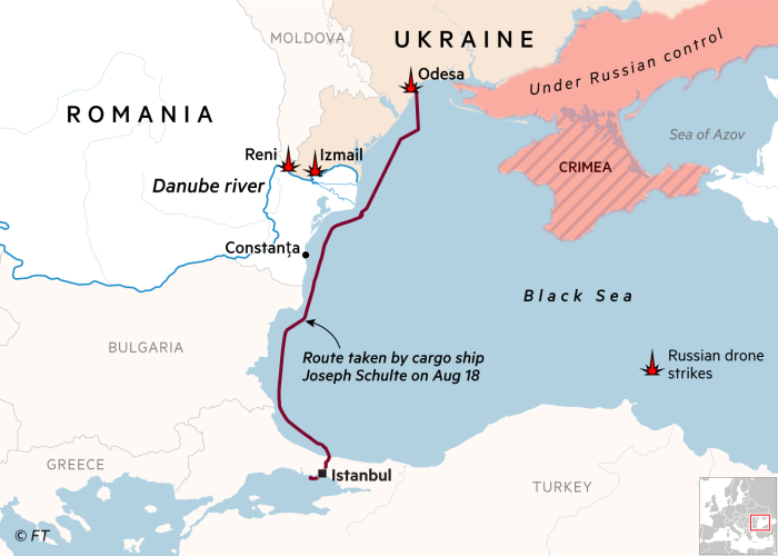 Map showing the route taken by the grain ship Joseph Shulte from Odesa to Istanbul through the Black Sea as well as Russian drone strikes in Odesa and ports along the Danube river