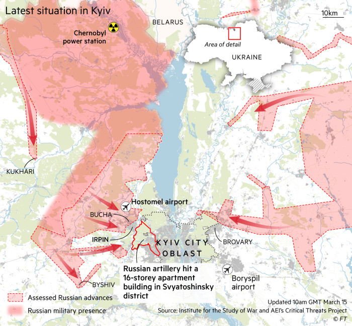 Mapa que muestra la última posición de las fuerzas rusas en Kiev.  La artillería rusa alcanzó un edificio de apartamentos de 16 pisos en el distrito de Svyatoshinsky